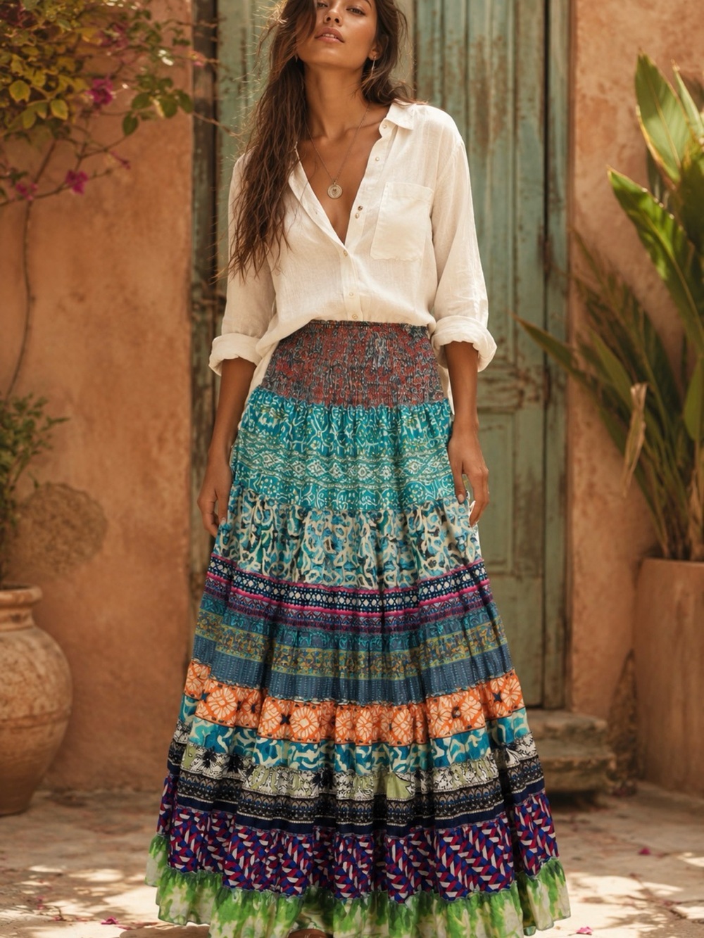 Boho Multi-Print Teal Tiered Maxi Skirt with Smocked Waist